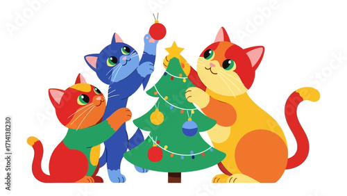 Festive Felines Decorate: Three vibrant cats collaborate on a Christmas tree, their colorful antics embodying the warmth and joy of holiday season.