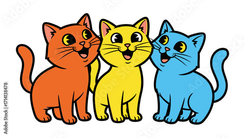 Happy Cat Trio: Three vibrantly colored cartoon cats exude pure joy, their smiles and playful energy radiating positivity, perfect for conveying happiness.