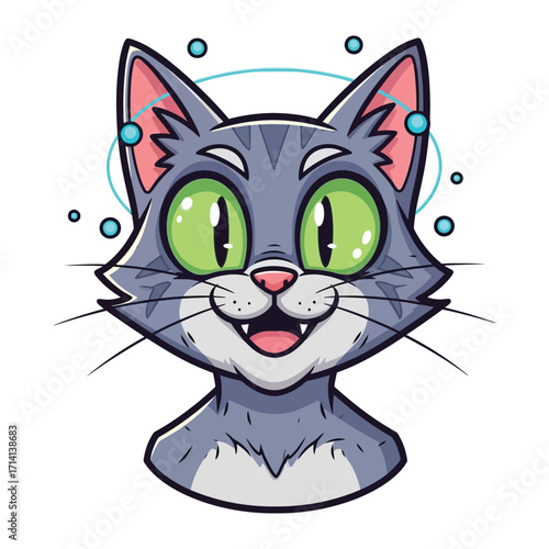 Playful Cat Illustration: A vibrant illustration of an adorable, smiling cat with captivating green eyes and a playful expression, designed to bring joy and cheer.