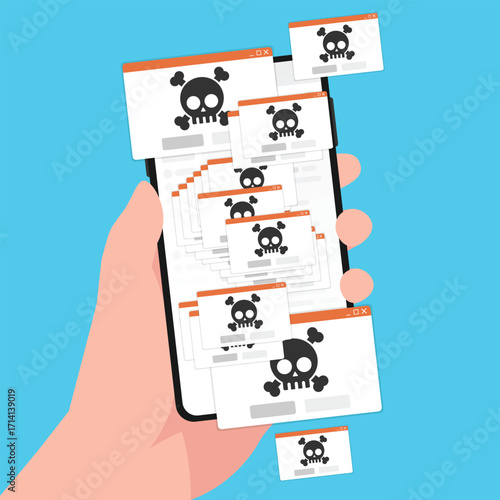 Hand holding phone with multiple error pop-up screen.