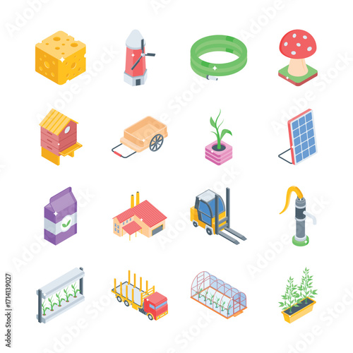 Easy to use bundle of farmhouse and agriculture isometric icons