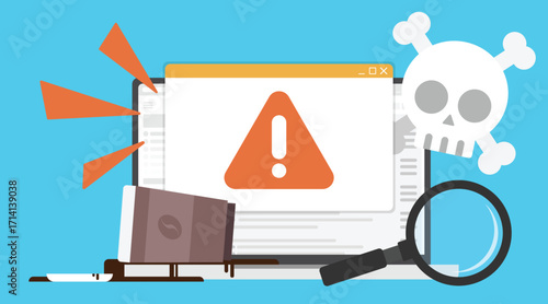 Laptop screen displays a warning of a virus threat or error with magnifying glass and spilled coffee.