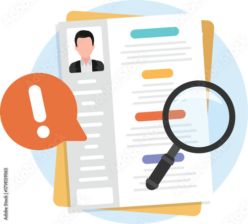 Document file and a magnifying glass with a warning exclamation mark.