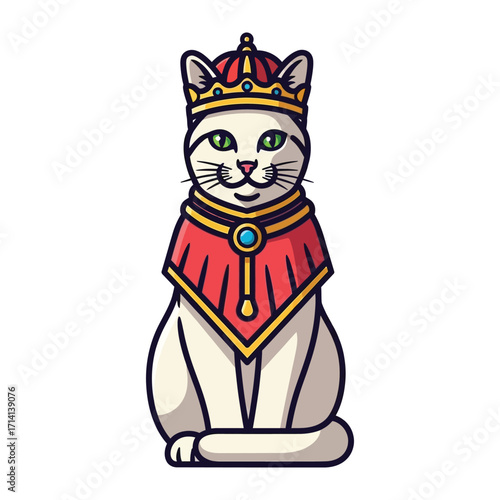 Royal Feline: A regal cat, adorned with a crown and cape, sits majestically. 