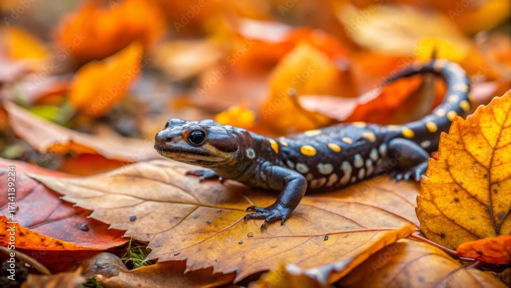 Obraz premium A Dark Amphibian with Yellow Spots Crawls Among Autumn Leaves in a Forest Setting
