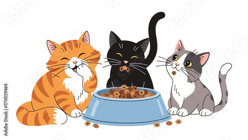 Feast of Felines: Three adorable kittens, each with unique coat colors and expressions, gather around a shared bowl of tasty kibble, enjoying a playful mealtime moment.