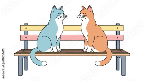 Cat Companions: A heartwarming scene unfolds as two contented felines, one a serene blue and the other a cheerful orange, find a bench to share. It is an animated illustration of cat camaraderie.