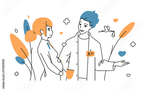 Vector illustration of a pregnant woman and a smiling doctor in a hospital setting. Positive atmosphere with stork, hearts, and medical icons symbolizing pregnancy, care, and support.
