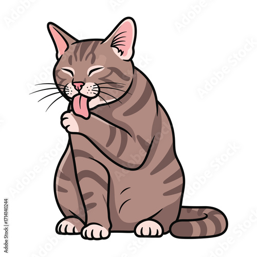 Cute Cat Grooming Itself: A charming cartoon illustration depicts a domestic cat meticulously grooming its paw with a relaxed and contented expression. It captures the essence of feline self-care.