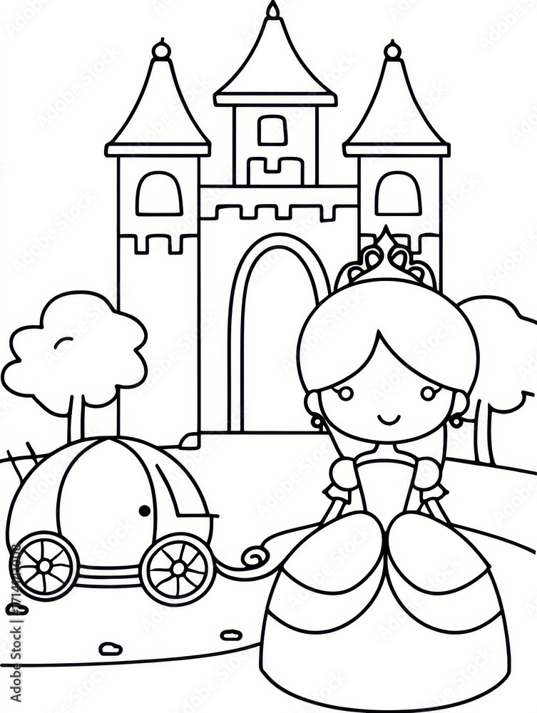 Naklejka premium Fairytale Fantasy: A delightful illustration showcases a charming princess poised beside a majestic castle and elegant carriage, embodying the magic and wonder of classic tales.