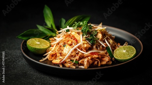 Wallpaper Mural Pad Thai on dark plate; noodles, sprouts, tofu, limes, greens Torontodigital.ca