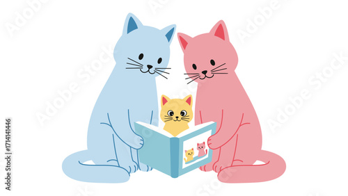 Feline Family Reading: A charming illustration of a cat family engrossed in reading a book together, showcasing a serene and loving family moment.