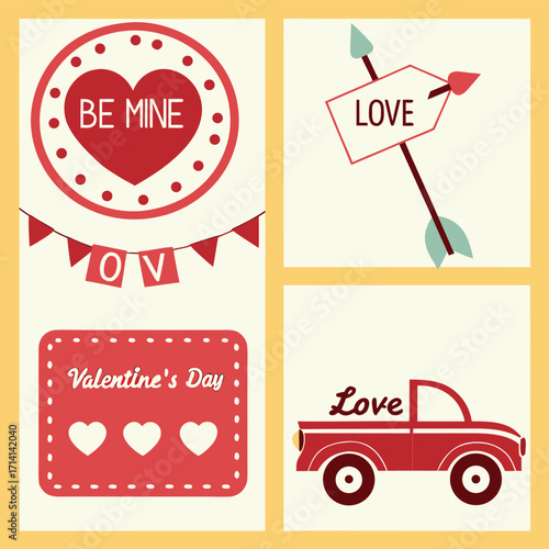 Valentine's Day flat illustration collage with hearts cupid arrow and truck love
