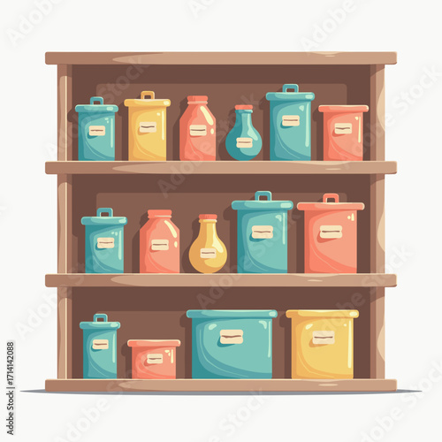 Vector illustration of pantry shelves with colorful jars and containers