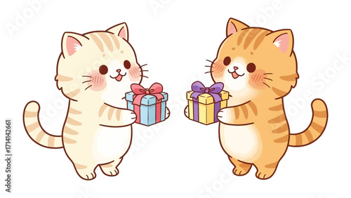 Gift-Giving Felines: Two adorable cartoon kittens, one cream and the other ginger, exchange beautifully wrapped presents, showcasing the joy of giving and receiving with charming simplicity.