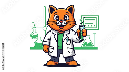 Clever Cat in Lab: A charming illustrated cat, donned in a crisp lab coat and holding a beaker with scientific flair, embodies the spirit of discovery and knowledge.
