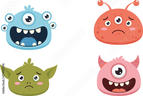 Cute cartoon monster faces illustration with funny expressions, colorful fantasy alien characters, children artwork, fantasy creature design, playful vector art