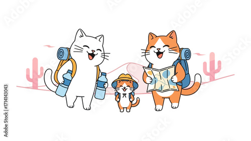 Cat Family Adventure: A family of cheerful cats embarking on a lively vacation adventure, equipped with backpacks, maps, and the spirit of exploration.