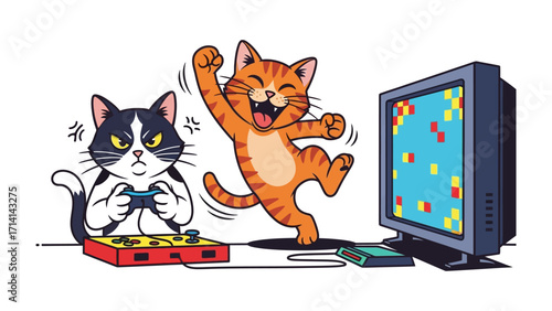 Joyful Gaming Cats: A black and white cat concentrates intensely on gaming, while a vibrant orange cat celebrates victory and excitement.