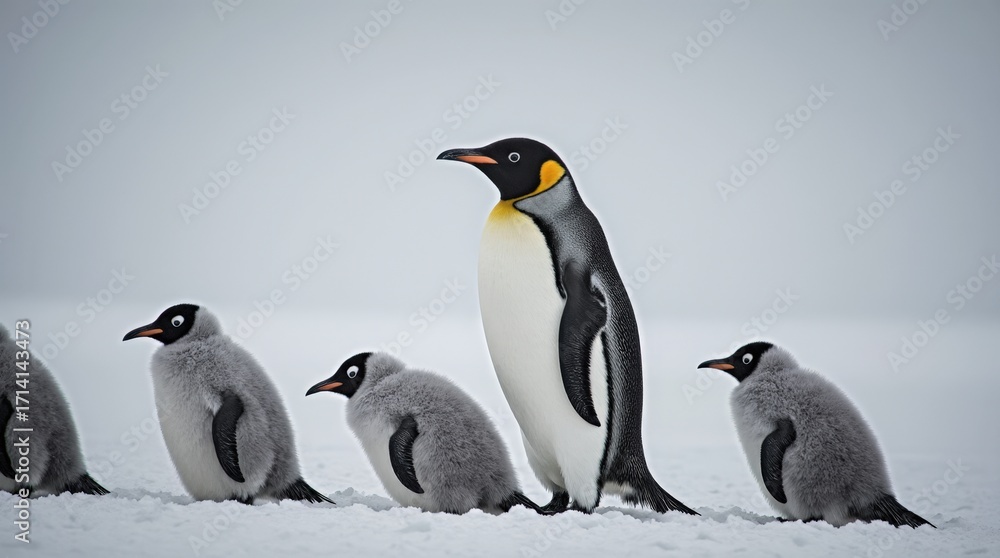 Obraz premium Emperor penguin stands among gray-down chicks on smooth snowy ice under soft light