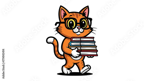 Smarty Cat's literary love: An orange cat, sporting glasses and an endearing smile, confidently totes a stack of books.