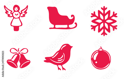 Festive winter holiday icons for Christmas design, angel, bells, bird, ornament and snowflake