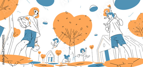 Vector illustration of a happy family in a garden with a heart-shaped tree. Mother with basket, father holding daughter, kids playing, swinging, watering plants. Love, nature, characters.