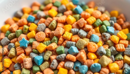 Close-up of colorful dry pet food kibble in a bowl,   animal food,  feeding