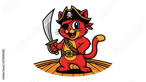 Pirate Cat Mascot: A cheerful cartoon pirate cat, full of character, stands on a wooden deck, ready for adventure, perfect for adding a playful element to any project.