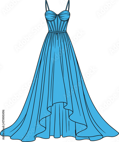 Fashion flat sketch template, Long party dress technical drawing with a high-low hem and corset bodice, front view, vector