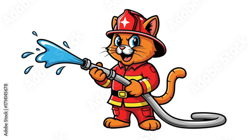 Firefighter Cat: A brave cat, dressed as a firefighter, takes on the role of a first responder, spraying water with a fire hose, radiating courage and determination.