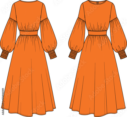Fashion flat sketch template, Long sleeve midi dress technical drawing with shirred cuff and elastic waist, front and back view, vector illustration