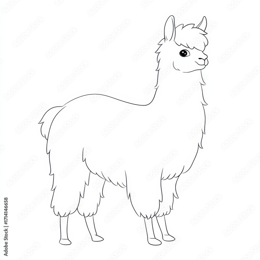 Naklejka premium Llama Line Art: A sleek, minimalistic black and white outline showcases the elegant form of a llama, perfect for creative design work. 