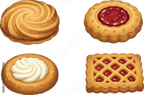 Delicious cookies with cream and jam, sweet biscuits assortment, bakery pastry illustration, tasty dessert snack, homemade baked food, sweet treats