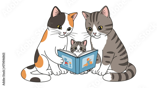 Kitten Family and Storybook: A heartwarming illustration of a close-knit kitten family engrossed in a charming storybook, creating a scene of togetherness and the joy of reading.