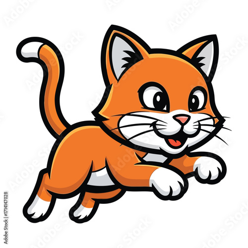Playful Cat: An adorable cartoon cat leaps and bounds, its bright orange fur and expressive face bring a burst of happiness. This vibrant illustration captures the joyful spirit of feline activity.
