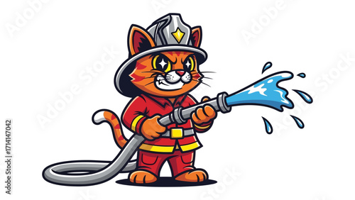 Firefighter cat in action: A brave firefighter cat in uniform, brandishing a water hose, fearlessly fights a fire, exuding confidence.