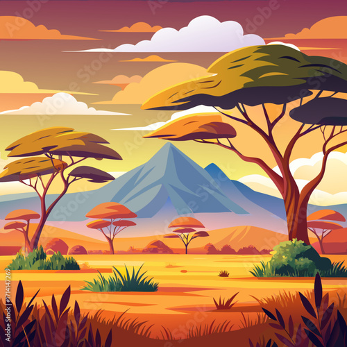 Vibrant african savanna landscape vector illustration with acacia trees and distant mountains