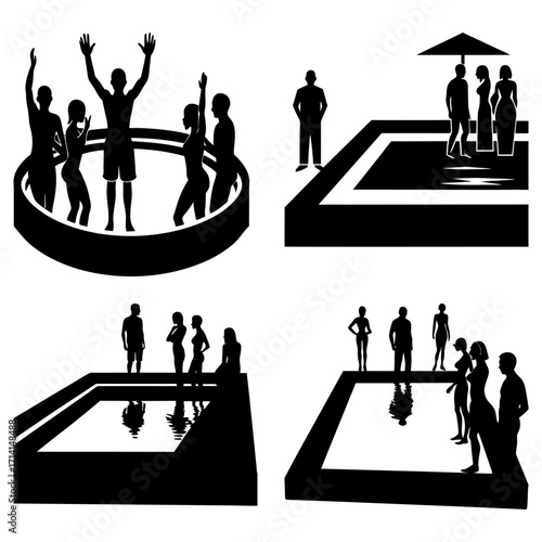 Silhouettes of people enjoying pool activities and standing near pools in various configurations