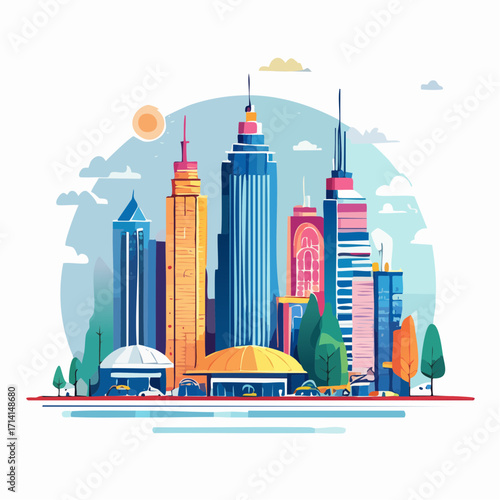 Vibrant Cityscape Illustration with Colorful Skyscrapers