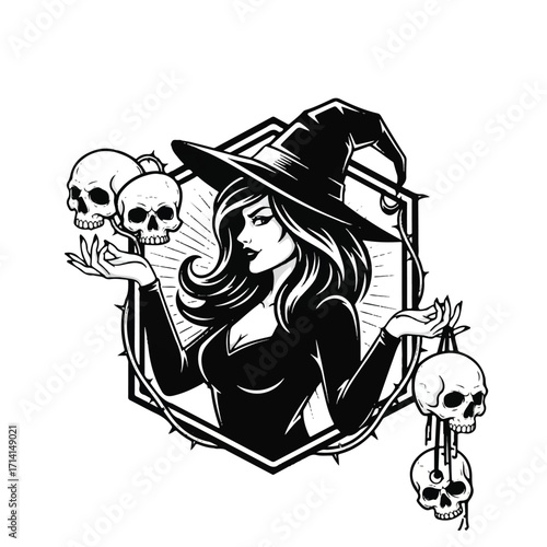 A black and white illustration of a witch holding skulls.