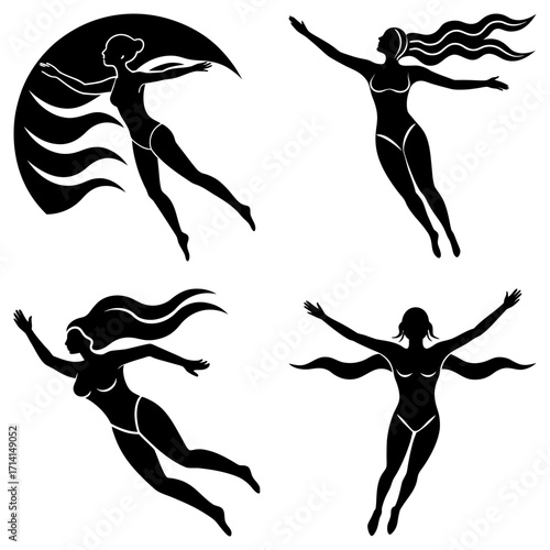 Silhouette illustration of four women in swimwear with outstretched arms and flowing hair in black and white