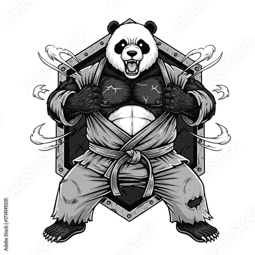 An aggressive panda bear in a martial arts uniform roars while tearing open its gi to reveal a muscular physique in a monochrome illustration.