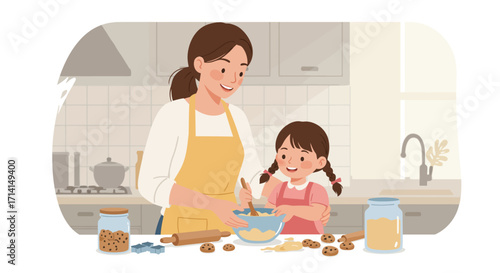A heartwarming flat design illustration depicting a friendly mother and her cute toddler daughter with braids joyfully baking cookies, cooking meal, culinary fun in a clean kitchen