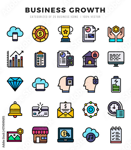 Set of Business Growth icons in Lineal Color style. Lineal Color Icons symbol collection.