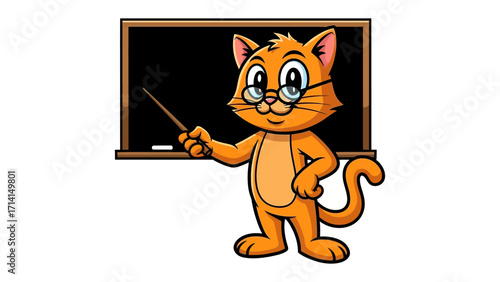 Cat Teacher's Lecture: A friendly, bespectacled cat in a cartoon stands before a chalkboard, pointing a stick as if giving an important lecture, bringing to life a scene of educational fun.