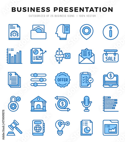 Business Presentation Two Color icons collection. 25 icon set. Vector illustration.