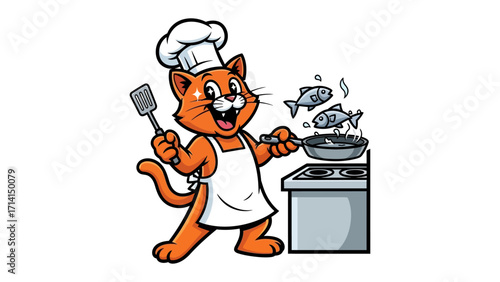 Chef Cat Cooking: A whimsical illustration of a chef cat enthusiastically flipping fish in a pan, embodying culinary skill and playful charm. 