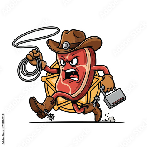 Cartoon steak cowboy with lasso, badge, and boots running.