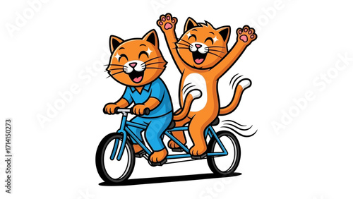 Joyful Journey: Two charming cartoon cats embark on a tandem bicycle adventure, radiating pure happiness and camaraderie, illustrating friendship and shared experiences.